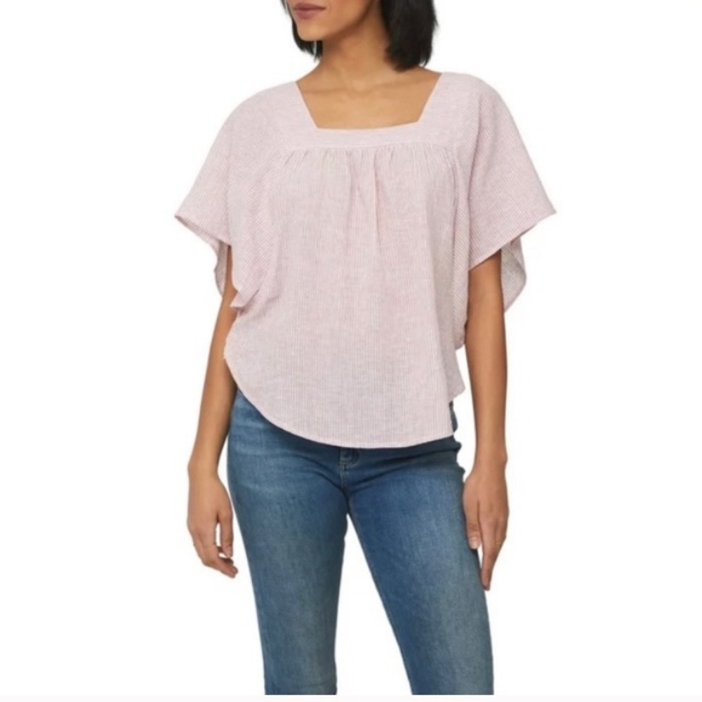 Beachlunchlounge Naomi Linen Top Size M Squareneck Flutter Sleeve Seersucker